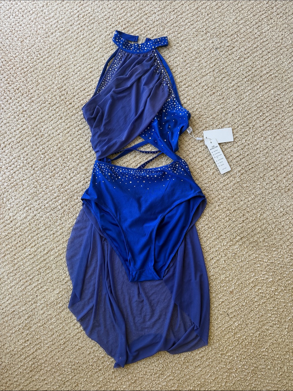 iEFiEL Royal Blue Rhinestone One-Piece Dance Costume with Sheer Skirt size S